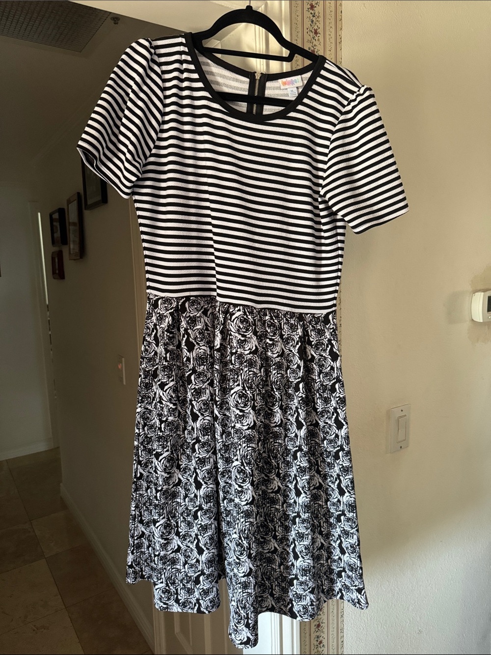 LuLaRoe Amelia Black and White Striped & Floral Dress